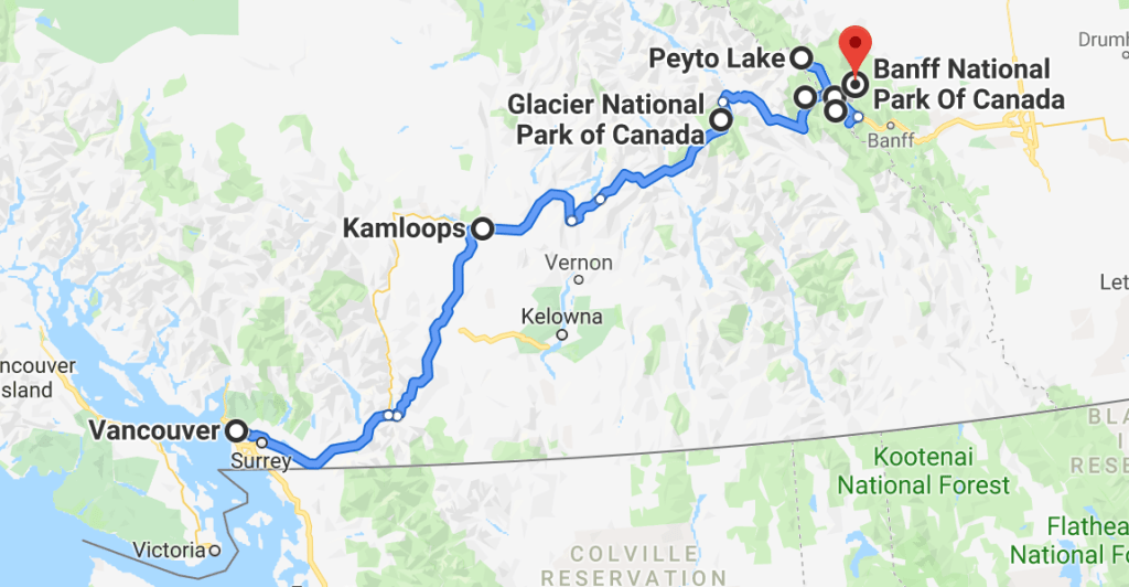 vancouver to banff road trip map